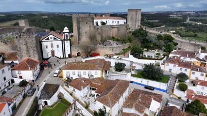 Obidos Castle In Obidos Leiria Portugal. Birds Eye View Of Medieval Building In Famous District Of...