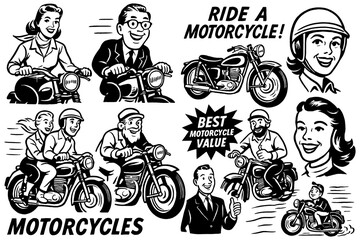 Retro motorcycle scenes with riders, mechanics, and slogans, Transparent Background