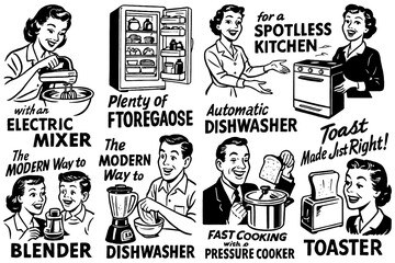 Retro kitchen appliances and homemaker scenes in comic style, Transparent Background