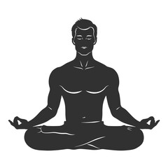 Black silhouette of a man practicing yoga in lotus position without background
