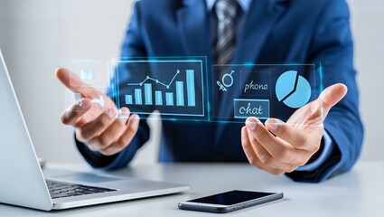 Businessman presenting futuristic data analysis and interactive information interface showcasing business growth and communication strategy using modern digital technology and virtual interface