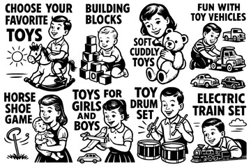 Retro children playing with classic toys in comic style, Transparent Background