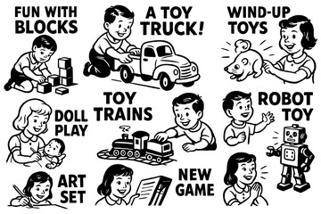 Retro children playing with classic toys in comic style, Transparent Background