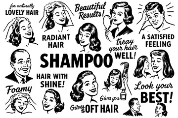 Retro men and women using shampoo in vintage comic style, Transparent Background