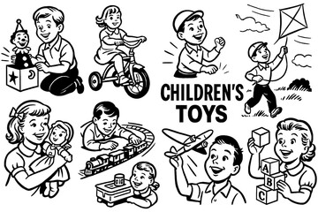 Retro children playing with classic toys in comic style, Transparent Background