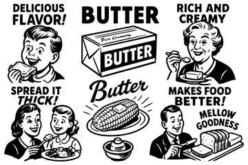 Retro butter-themed food scenes and vintage ad slogans, Transparent Background