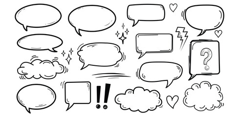 Obraz premium Speech bubble doodle set, Hand drawn vector collection of cartoon style speech balloons clouds and symbols for comic and message design