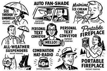 Retro comic of quirky futuristic inventions and gadgets, Transparent Background