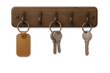 Wooden key holder with leather key chain and keys hanging on transparent background