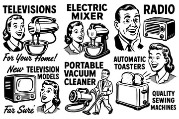 Retro people using classic household electronics, Transparent Background