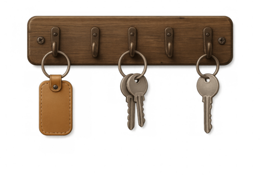 Wooden key holder with leather key chain and keys hanging on transparent background - Powered by Adobe