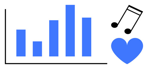 Blue bar chart next to a blue heart and musical notes, blending metrics with emotional and creative concepts. Ideal for music stats, analytics, marketing, creativity, emotions, passion, simple