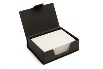 Open business card holder box with blank cards on transparent background