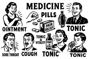 Vintage health remedy ads with expressive symptoms and cures, Transparent Background