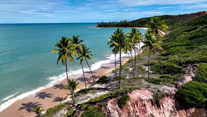 Coqueirinho Beach In Conde Paraiba Brazil. Stunning Tropical Coastline Beach Scene Viewed From Above. Island Life Landscape Peaceful Beautiful. Island Life Watercolor Coast. Conde Paraiba.