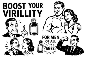 Retro vitality supplement and masculinity promotion scenes, Transparent Background