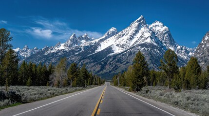 Fototapeta premium A straight asphalt road leading to snow-capped, jagged peaks under a brilliant blue sky