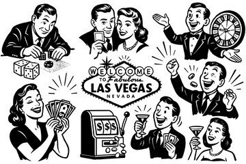 Vintage Las Vegas casino scenes with gamblers and dice, Transparent Background