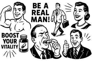 Retro vitality supplement and masculinity promotion scenes, Transparent Background