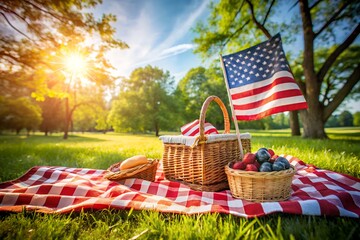 Picnic basket with american flag and food on a checkered blanket in a park