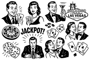 Vintage Las Vegas casino scenes with gamblers and dice, Transparent Background