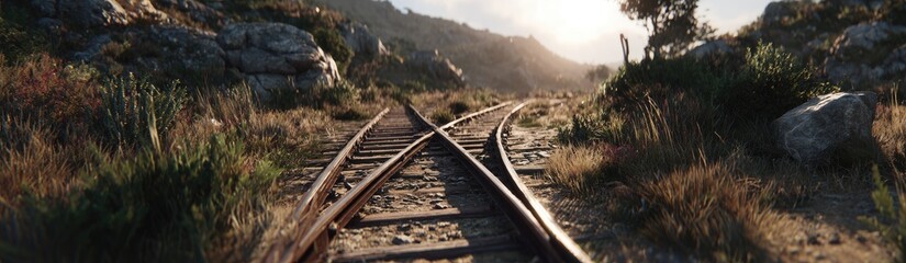Fototapeta premium Rustic railroad tracks diverge through a sun-drenched mountainside
