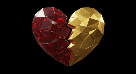 Fototapeta premium A Broken Heart: A Gold and Ruby Gemstone Heart Fractured Into Two