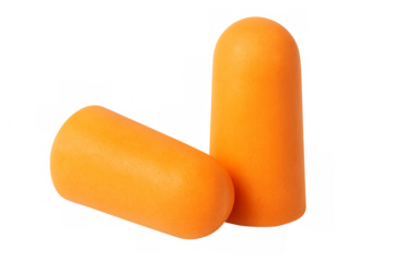 Orange foam earplugs reducing noise on transparent background