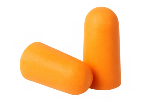 Orange foam earplugs reducing noise on transparent background
