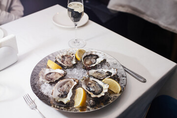 oysters on a table in a restaurant