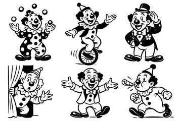 Vintage style clowns in playful cartoon poses, Transparent Background