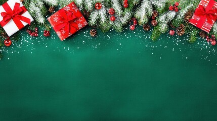 Festive green background with snowy pine branches red gifts
