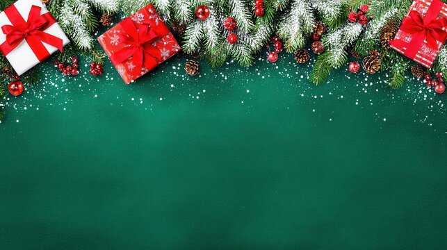 Festive green background with snowy pine branches red gifts