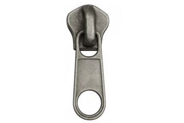 Metal zipper puller on transparent background, close-up perspective