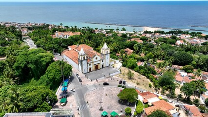 Medieval Church In Olinda Pernambuco Brazil. Aerial View Of Church Building Dominating The Skyline....