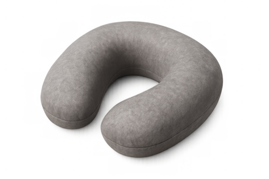 Gray travel neck pillow resting on transparent background