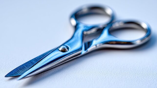 Close-up shot of shiny, silver scissors lying on a white, slightly textured surface. Blades are open - Powered by Adobe