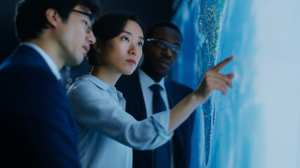 Business team analyzing global data on digital screen, focused professionals discussing economic risk