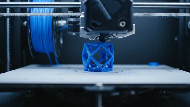 3D Printer Printing a Geometric Blue Object: Technology, Innovation, and Manufacturing Process. seamless looping time-lapse animation video background
