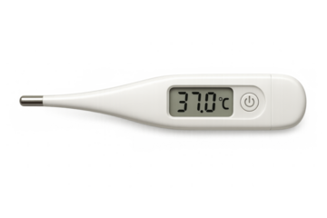 Digital clinical thermometer showing elevated body temperature on transparent background