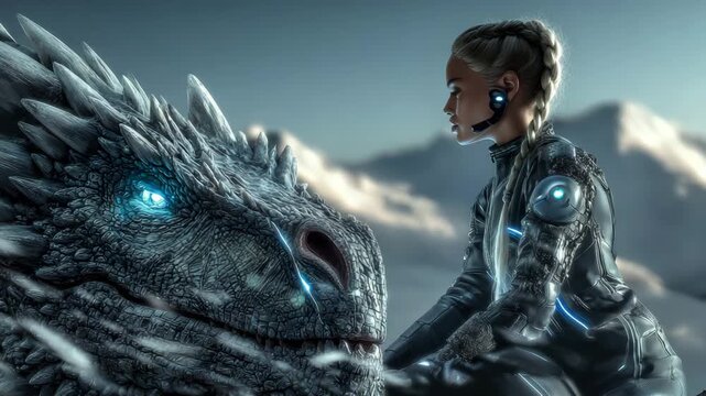 Fantasy adventure. Warrior girl with a dragon whose eyes glow. The camera moves slowly, creating a cinematic effect. Ideal for fantasy. Suitable for trailers and video games.