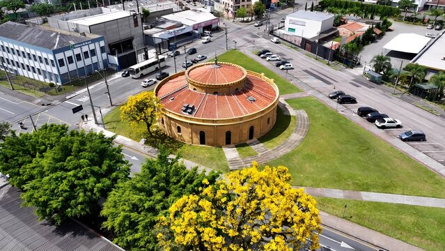 Paiol Theatre In Curitiba Parana Brazil. Bird Eye View Of Famous Building In Vibrant District Of City. Business Clouds Sky Downtown Cityscape. Backgrounds Panoramic. Curitiba Parana.