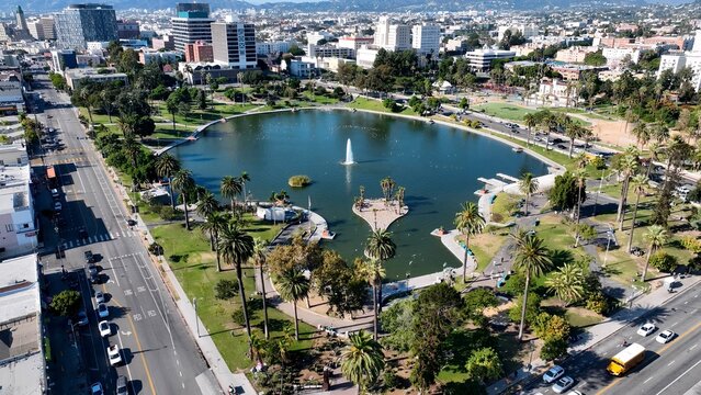 Echo Park In Los Angeles California United States. Aerial View Of Lush Green Park And Surrounding Buildings. Metropolitan Skyline Panoramic City View Stunning. Metropolitan Architecture Business.