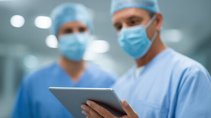 Doctors surgeons tablet discussion surgery hospital medical teamwork focus planning professional