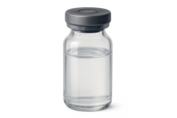 Medical glass vial filled with transparent liquid on transparent background