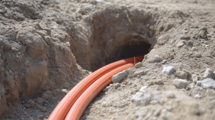 Underground fiber optic cable installation, orange conduit, dirt trench, construction site, communication infrastructure