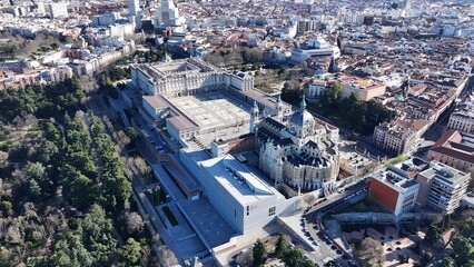 Royal Palace Of Madrid In Madrid Spain. City Skyline Showing Modern And Traditional Architecture. Business Sky Clouds Downtown Cityscape. Outdoor Downtown Panning Wide. Madrid Spain.