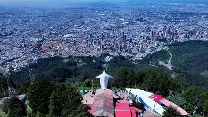 Virgen De Guadalupe Sanctuary In Bogota Cundinamarca Colombia. Stunning Baroque Church Contrasts With The Landscape . Business Clouds Sky Downtown Cityscape. Backgrounds Panoramic.