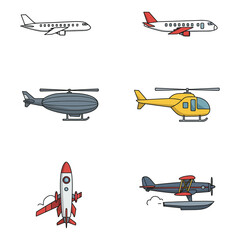 Collection of various aircraft including airplanes helicopters and rockets