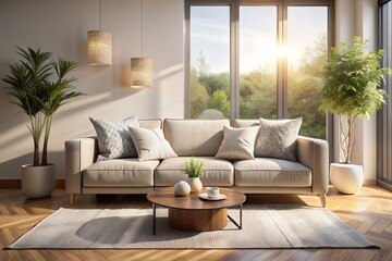 Cozy living room interior with a modern sofa, plants, and warm sunlight streaming through the window